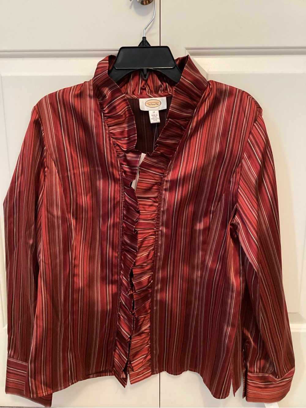 Talbots Women's Red Striped Ruffle Front Button-Down Shirt